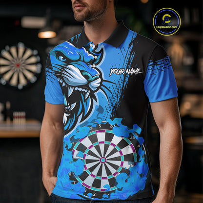 Blue Funny Darts Flame Lion Custom Polo & Quarter-Zip, Personalized Men Dart Shirts Dart Jerseys TDM3974