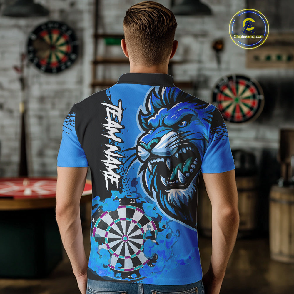 Blue Funny Darts Flame Lion Custom Polo & Quarter-Zip, Personalized Men Dart Shirts Dart Jerseys TDM3974