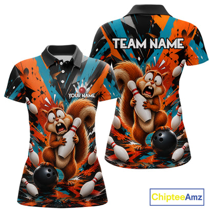 Colorful Graffiti Funny Squirrel Bowling Polo, 1/4 Zip Shirts For Women Custom Bowling Team Jersey TDM6489