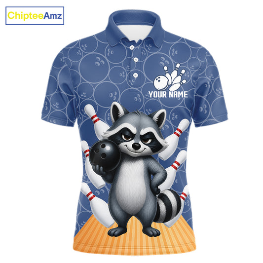 Funny Raccoon Navy Blue Bowling Polo & Quarter Zip Shirts For Men Custom Bowling Team Jersey TDM6490