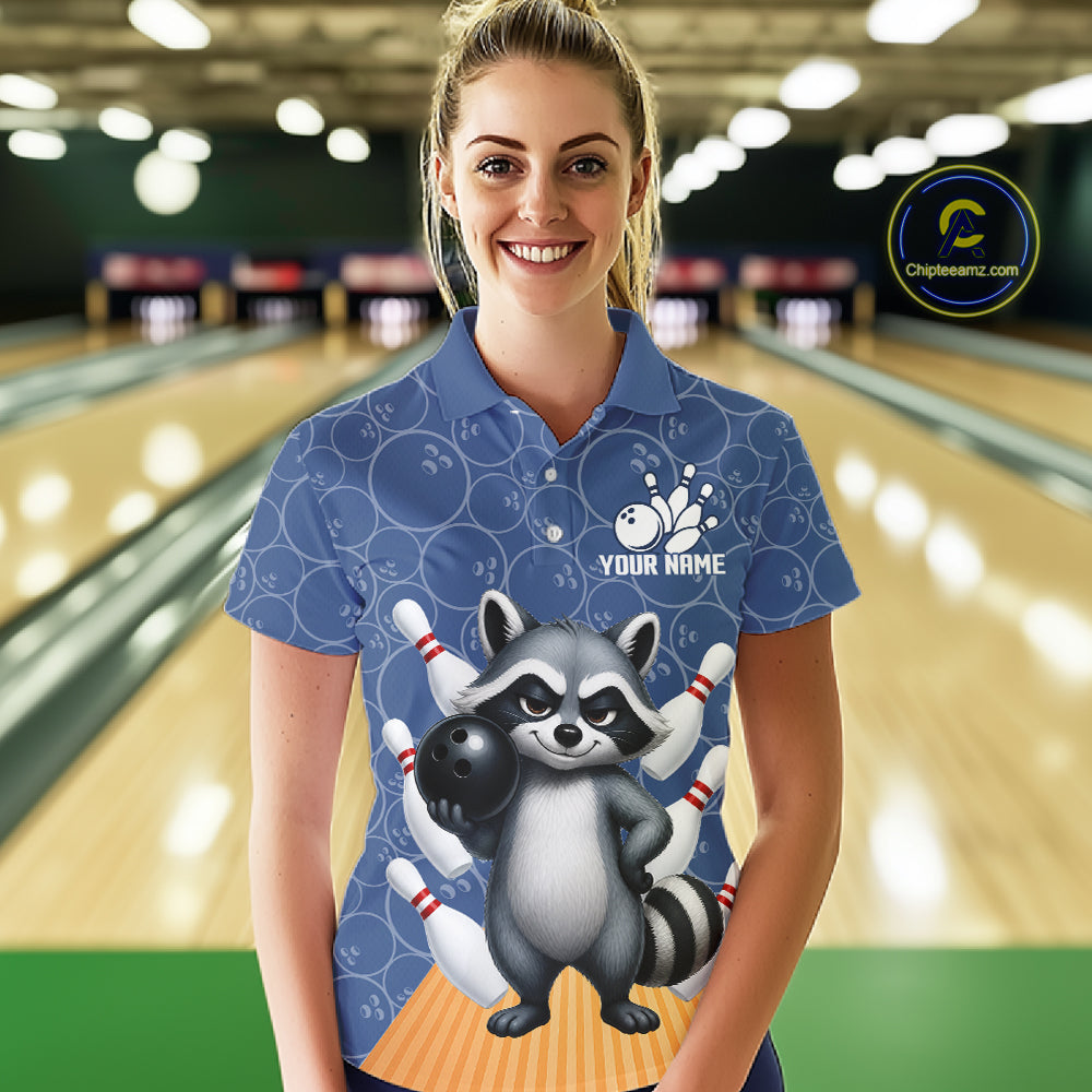Funny Raccoon Navy Blue Bowling Polo & Quarter Zip Shirts For Women Custom Bowling Team Jersey TDM6490