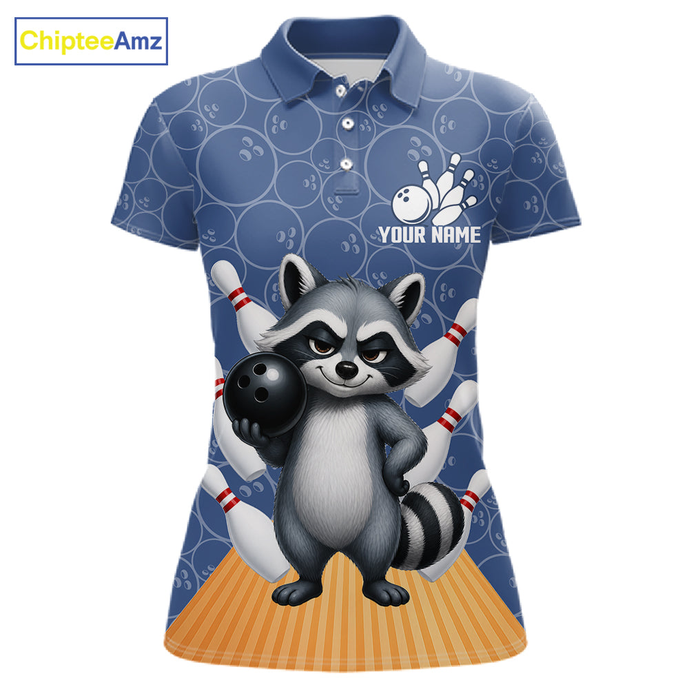 Funny Raccoon Navy Blue Bowling Polo & Quarter Zip Shirts For Women Custom Bowling Team Jersey TDM6490