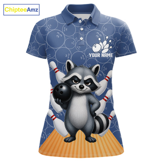 Funny Raccoon Navy Blue Bowling Polo & Quarter Zip Shirts For Women Custom Bowling Team Jersey TDM6490