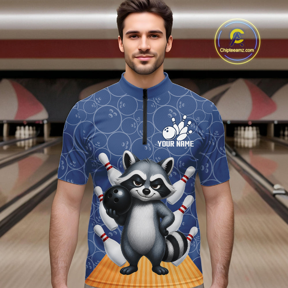 Funny Raccoon Navy Blue Bowling Polo & Quarter Zip Shirts For Men Custom Bowling Team Jersey TDM6490