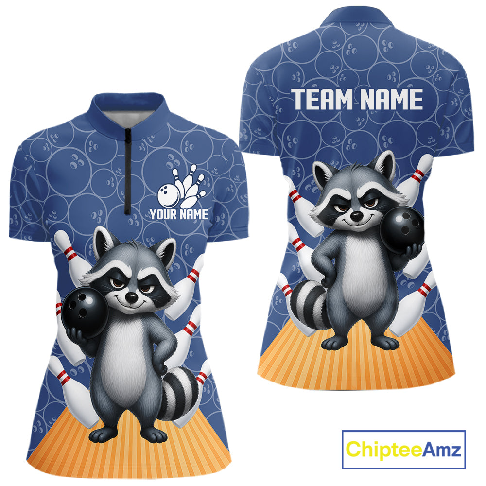 Funny Raccoon Navy Blue Bowling Polo & Quarter Zip Shirts For Women Custom Bowling Team Jersey TDM6490
