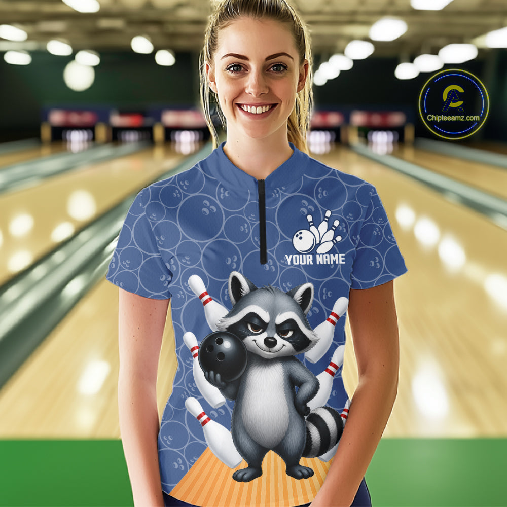 Funny Raccoon Navy Blue Bowling Polo & Quarter Zip Shirts For Women Custom Bowling Team Jersey TDM6490