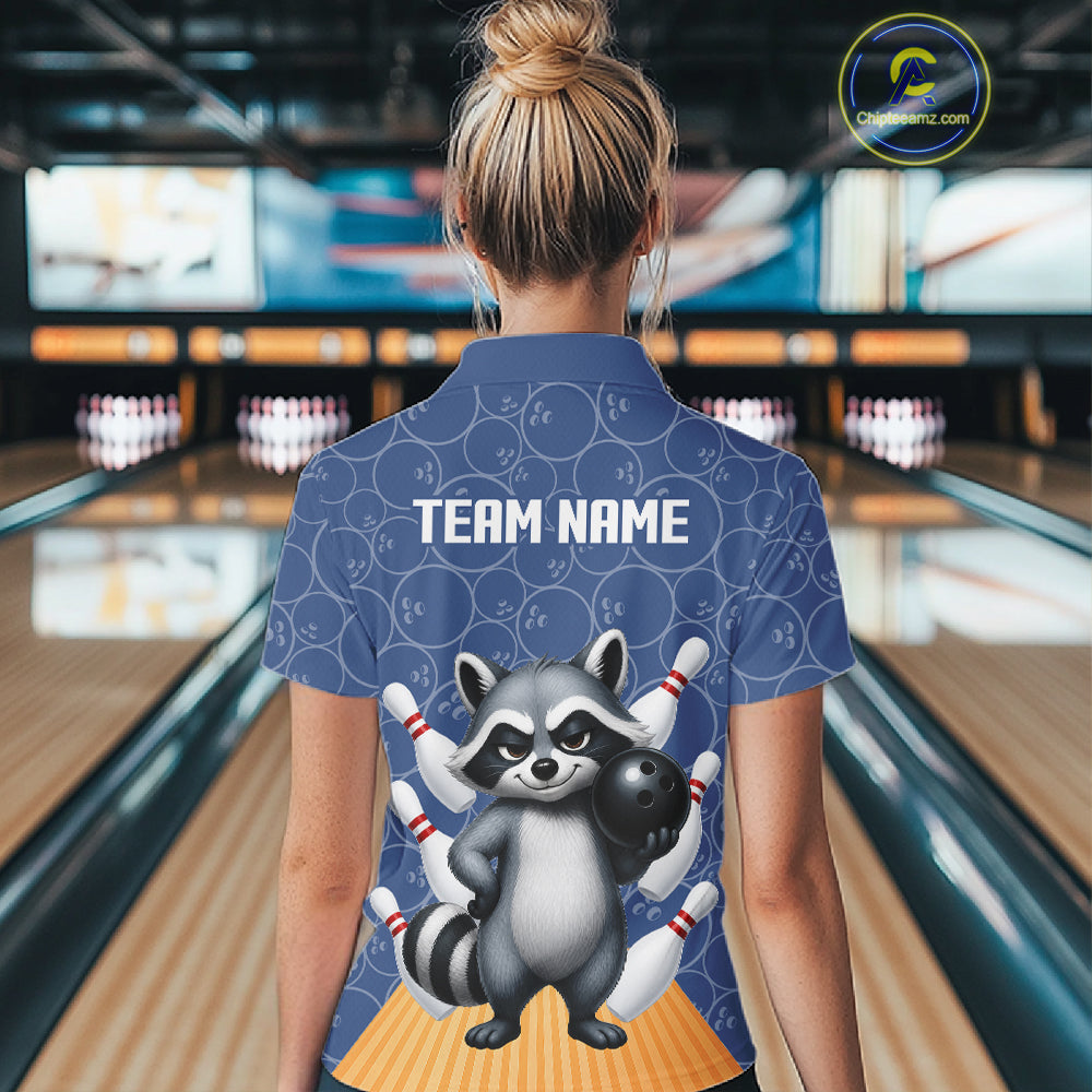 Funny Raccoon Navy Blue Bowling Polo & Quarter Zip Shirts For Women Custom Bowling Team Jersey TDM6490
