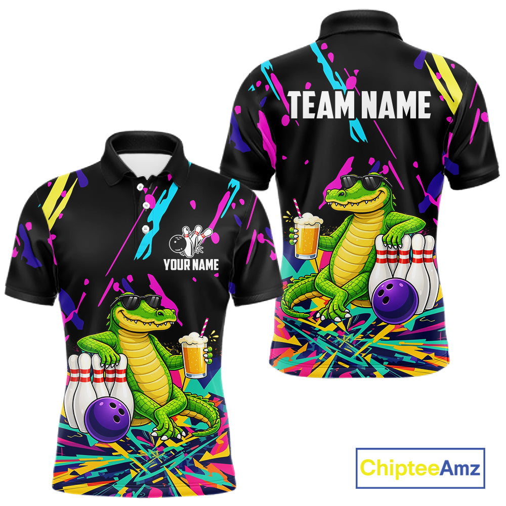 Colorful Bowling Jersey Funny Alligator Bowling Polo & 1/4 Zip For Men Custom Bowling Team Shirts TDM6491