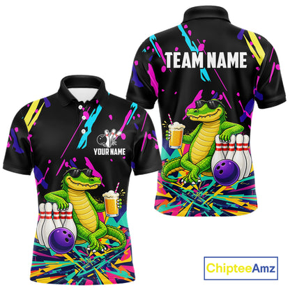 Colorful Bowling Jersey Funny Alligator Bowling Polo & 1/4 Zip For Men Custom Bowling Team Shirts TDM6491