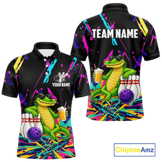 Colorful Bowling Jersey Funny Alligator Bowling Polo & 1/4 Zip For Men Custom Bowling Team Shirts TDM6491