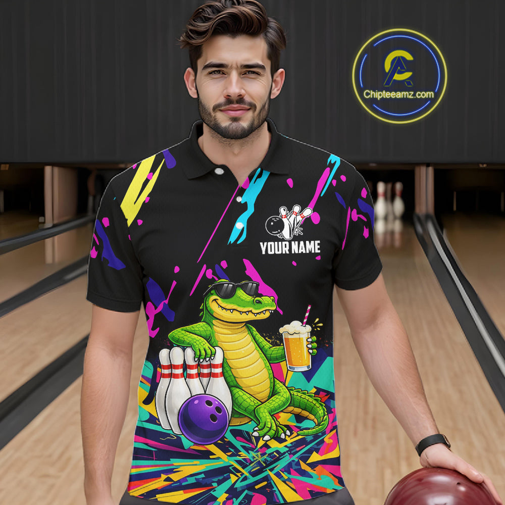Colorful Bowling Jersey Funny Alligator Bowling Polo & 1/4 Zip For Men Custom Bowling Team Shirts TDM6491