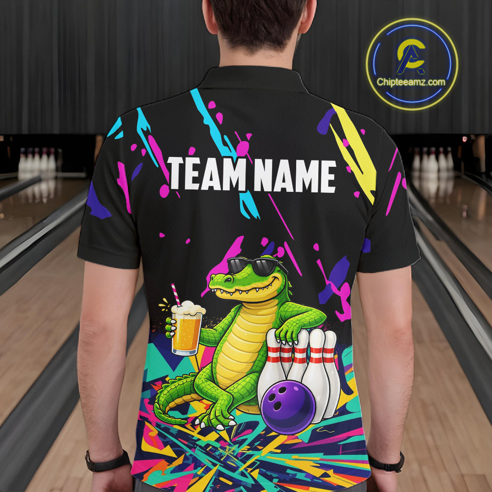 Colorful Bowling Jersey Funny Alligator Bowling Polo & 1/4 Zip For Men Custom Bowling Team Shirts TDM6491