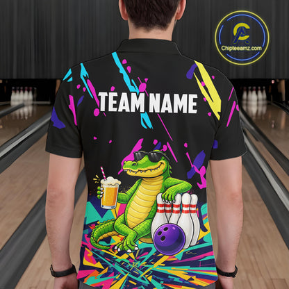 Colorful Bowling Jersey Funny Alligator Bowling Polo & 1/4 Zip For Men Custom Bowling Team Shirts TDM6491