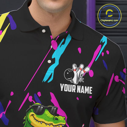 Colorful Bowling Jersey Funny Alligator Bowling Polo & 1/4 Zip For Men Custom Bowling Team Shirts TDM6491