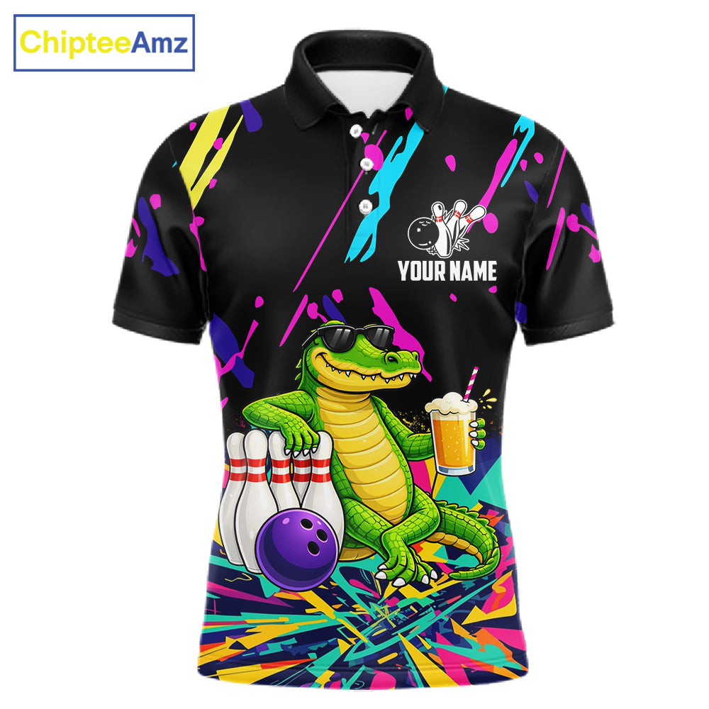 Colorful Bowling Jersey Funny Alligator Bowling Polo & 1/4 Zip For Men Custom Bowling Team Shirts TDM6491