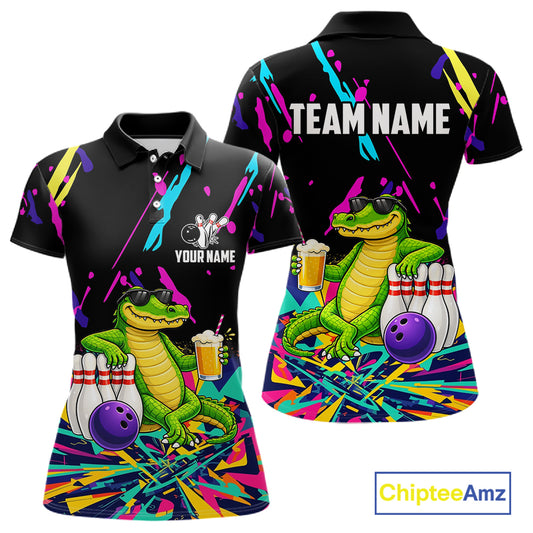 Colorful Bowling Jersey Funny Alligator Bowling Polo & 1/4 Zip For Women Custom Bowling Team Shirts TDM6491
