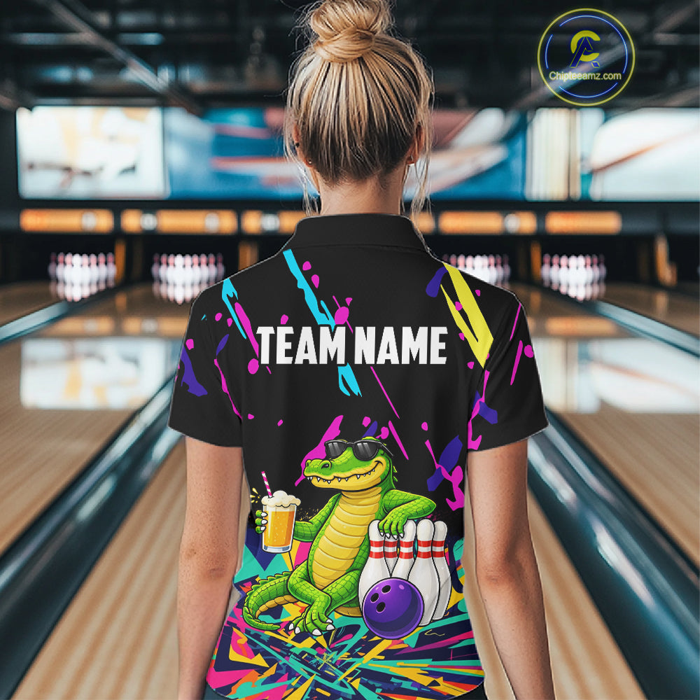 Colorful Bowling Jersey Funny Alligator Bowling Polo & 1/4 Zip For Women Custom Bowling Team Shirts TDM6491