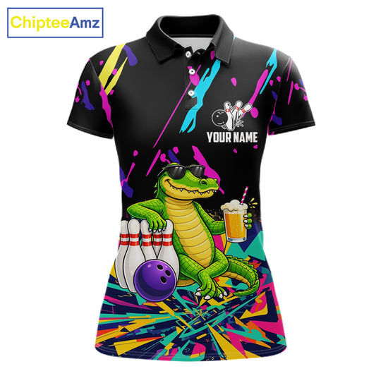 Colorful Bowling Jersey Funny Alligator Bowling Polo & 1/4 Zip For Women Custom Bowling Team Shirts TDM6491