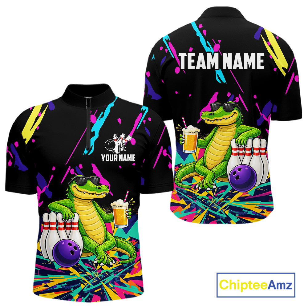 Colorful Bowling Jersey Funny Alligator Bowling Polo & 1/4 Zip For Men Custom Bowling Team Shirts TDM6491