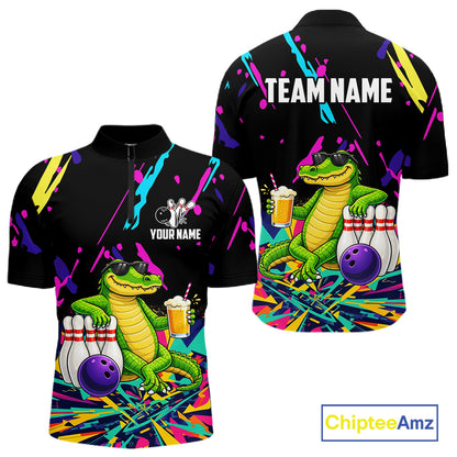 Colorful Bowling Jersey Funny Alligator Bowling Polo & 1/4 Zip For Men Custom Bowling Team Shirts TDM6491