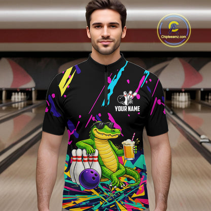 Colorful Bowling Jersey Funny Alligator Bowling Polo & 1/4 Zip For Men Custom Bowling Team Shirts TDM6491