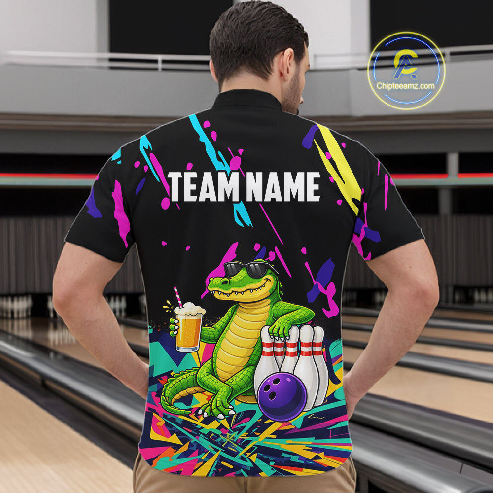 Colorful Bowling Jersey Funny Alligator Bowling Polo & 1/4 Zip For Men Custom Bowling Team Shirts TDM6491