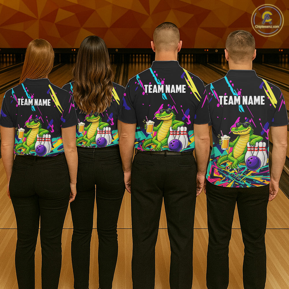 Colorful Bowling Jersey Funny Alligator Bowling Polo & 1/4 Zip For Women Custom Bowling Team Shirts TDM6491