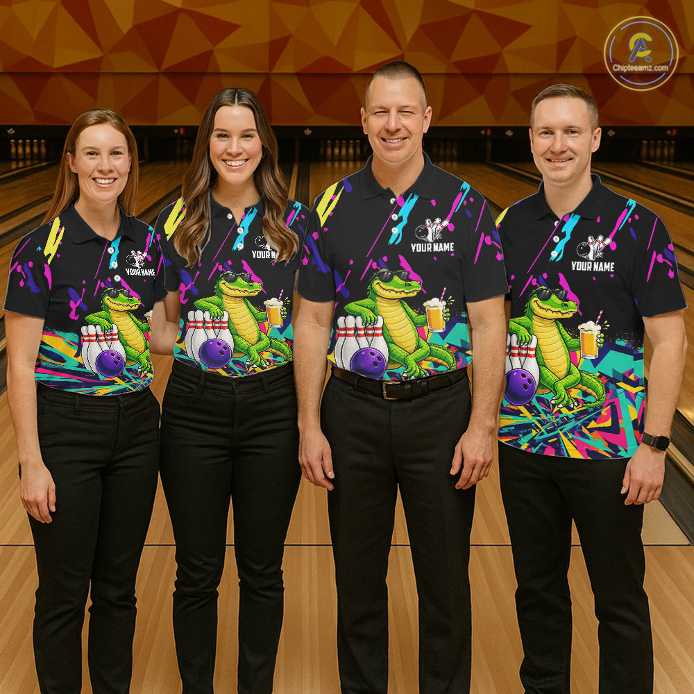 Colorful Bowling Jersey Funny Alligator Bowling Polo & 1/4 Zip For Women Custom Bowling Team Shirts TDM6491