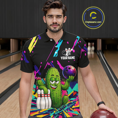 Colorful Bowling Jersey Funny Cactus Bowling Polo & 1/4 Zip For Men Custom Bowling Team Shirts TDM6492
