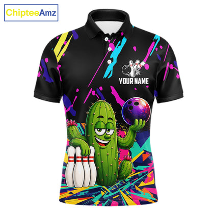 Colorful Bowling Jersey Funny Cactus Bowling Polo & 1/4 Zip For Men Custom Bowling Team Shirts TDM6492