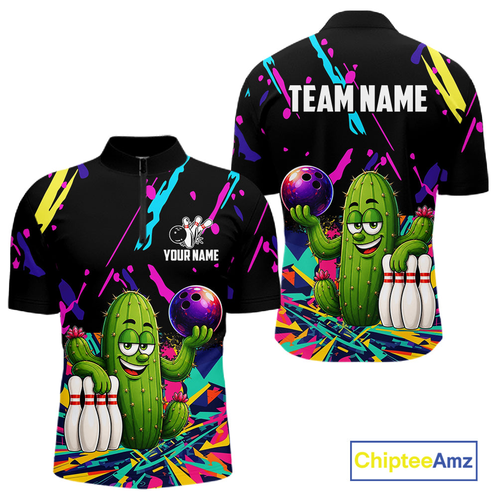Colorful Bowling Jersey Funny Cactus Bowling Polo & 1/4 Zip For Men Custom Bowling Team Shirts TDM6492