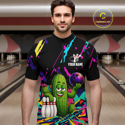 Colorful Bowling Jersey Funny Cactus Bowling Polo & 1/4 Zip For Men Custom Bowling Team Shirts TDM6492