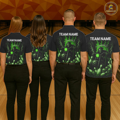 Funny Grim Reaper Motorcycle Bowling Shirts For Men Custom Green Flaming Bowling Team Jersey TDM7216
