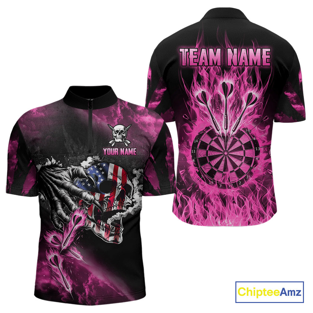 Fire Flame Darts Board American Flag Skull Dart Shirts For Men Custom Darts Team Jerseys |Pink TDM4774