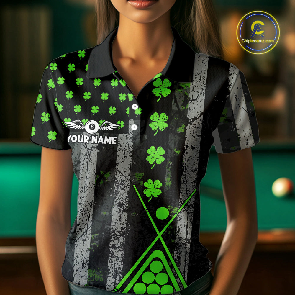 Green Grunge US Flag Luckiest Shamrock Billiard Shirt For Women Custom St Patrick Day Pool Jersey TDM5710