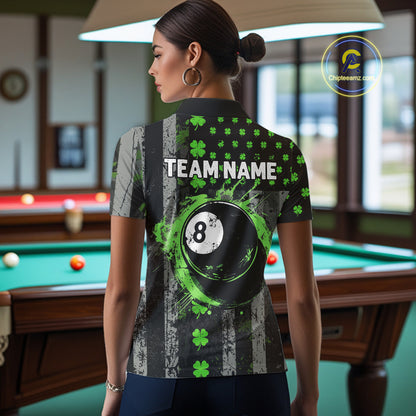 Green Grunge US Flag Luckiest Shamrock Billiard Shirt For Women Custom St Patrick Day Pool Jersey TDM5710
