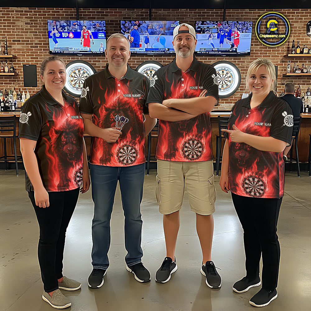 Red Flaming Lion Darts Shirts For Men Custom Fire Darts League Jersey Team Polo & 1/4 Zip TDM6065