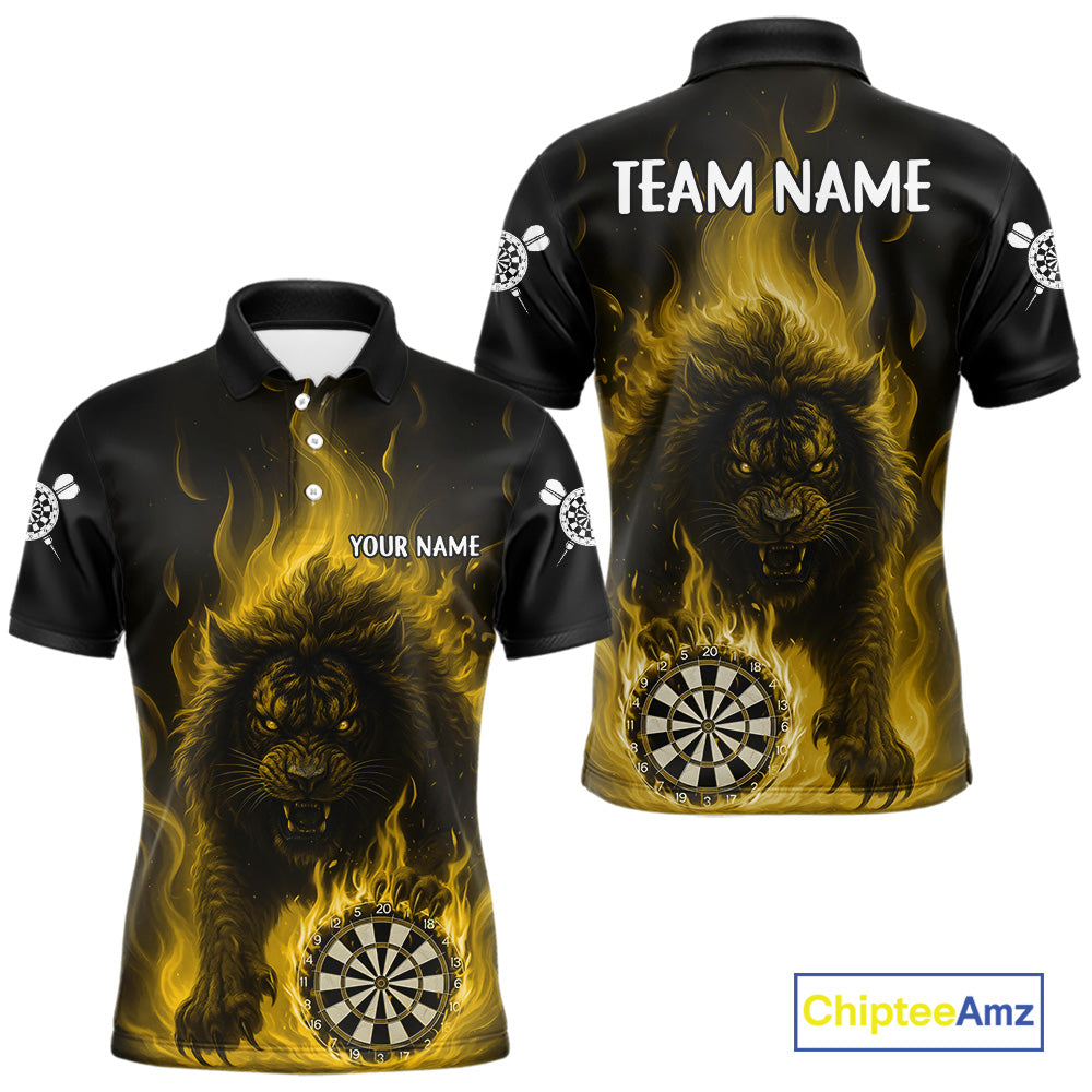 Yellow Flaming Lion Darts Shirts For Men Custom Fire Darts League Jersey Team Polo & 1/4 Zip TDM6066
