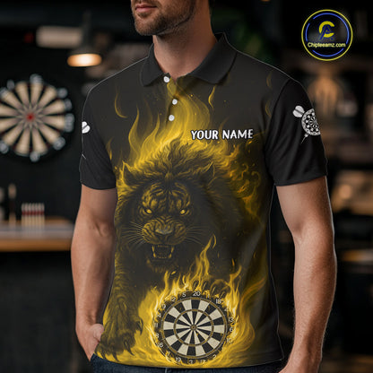 Yellow Flaming Lion Darts Shirts For Men Custom Fire Darts League Jersey Team Polo & 1/4 Zip TDM6066