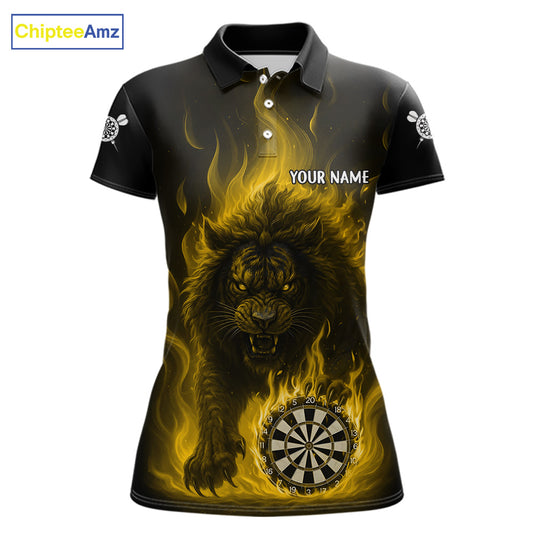 Yellow Flaming Lion Darts Shirts For Women Custom Fire Darts League Jersey Team Polo & 1/4 Zip TDM6066