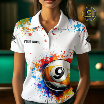 Funny 9 Ball Pool Colorful Paint Splash Custom Billiard Shirt For Women, Billiard Team Jersey|White TDM3977