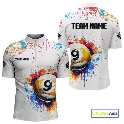 Funny 9 Ball Pool Colorful Paint Splash Custom Billiard Shirt For Men, Billiard Team Jersey|White TDM3977