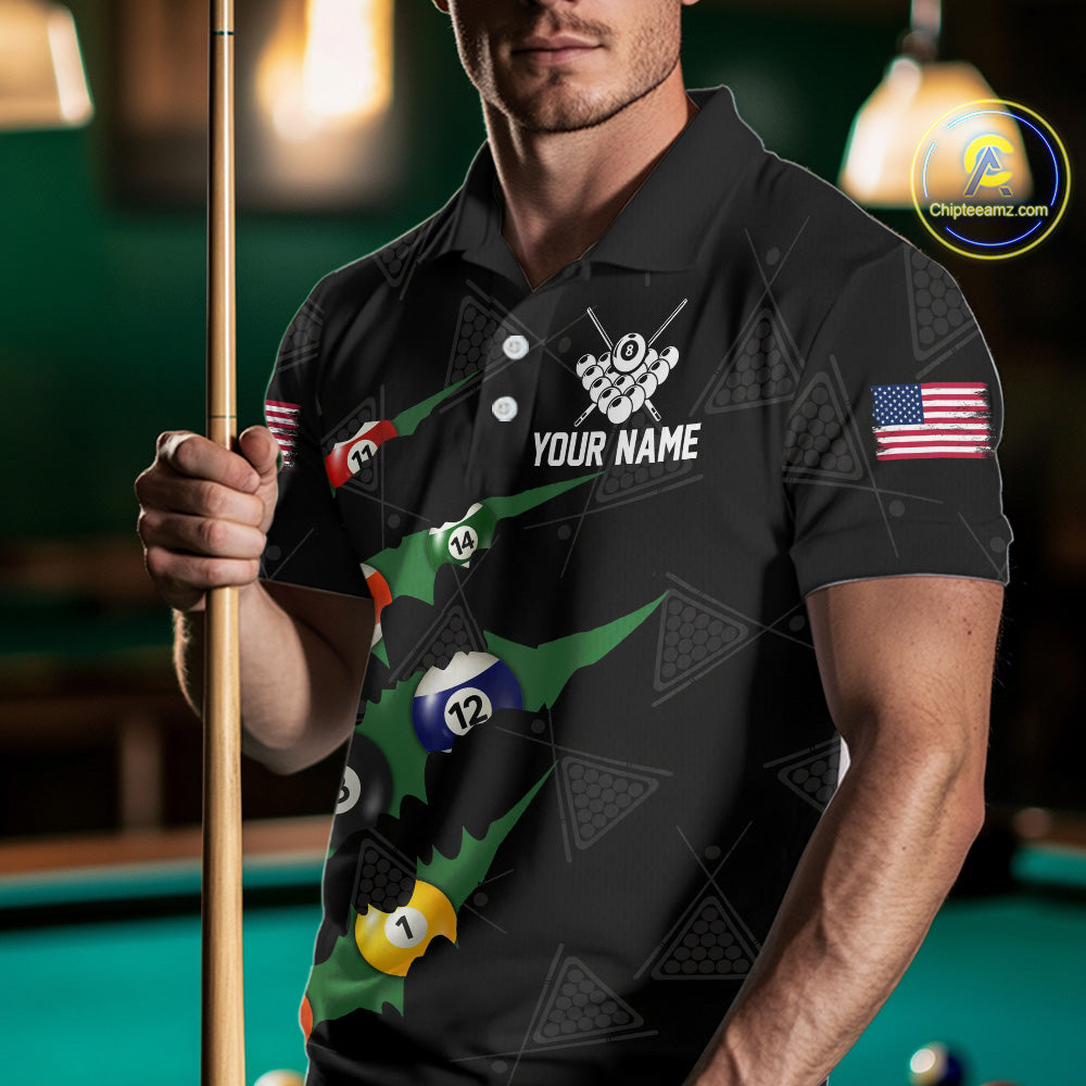 Personalized Scratch Black 8 Ball Billiard Shirt For Men, Pool Team Jersey Polo 1/4 Zip |Green TDM6070