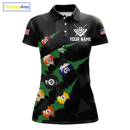 Personalized Scratch Black 8 Ball Billiard Shirt For Women, Pool Team Jersey Polo 1/4 Zip |Green TDM6070