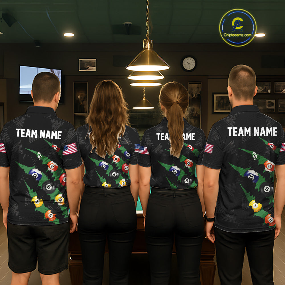 Personalized Scratch Black 8 Ball Billiard Shirt For Men, Pool Team Jersey Polo 1/4 Zip |Green TDM6070