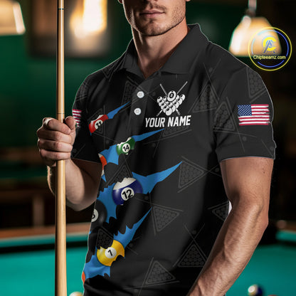 Personalized Scratch Black 8 Ball Billiard Shirt For Men, Pool Team Jersey Polo 1/4 Zip |Blue TDM6071