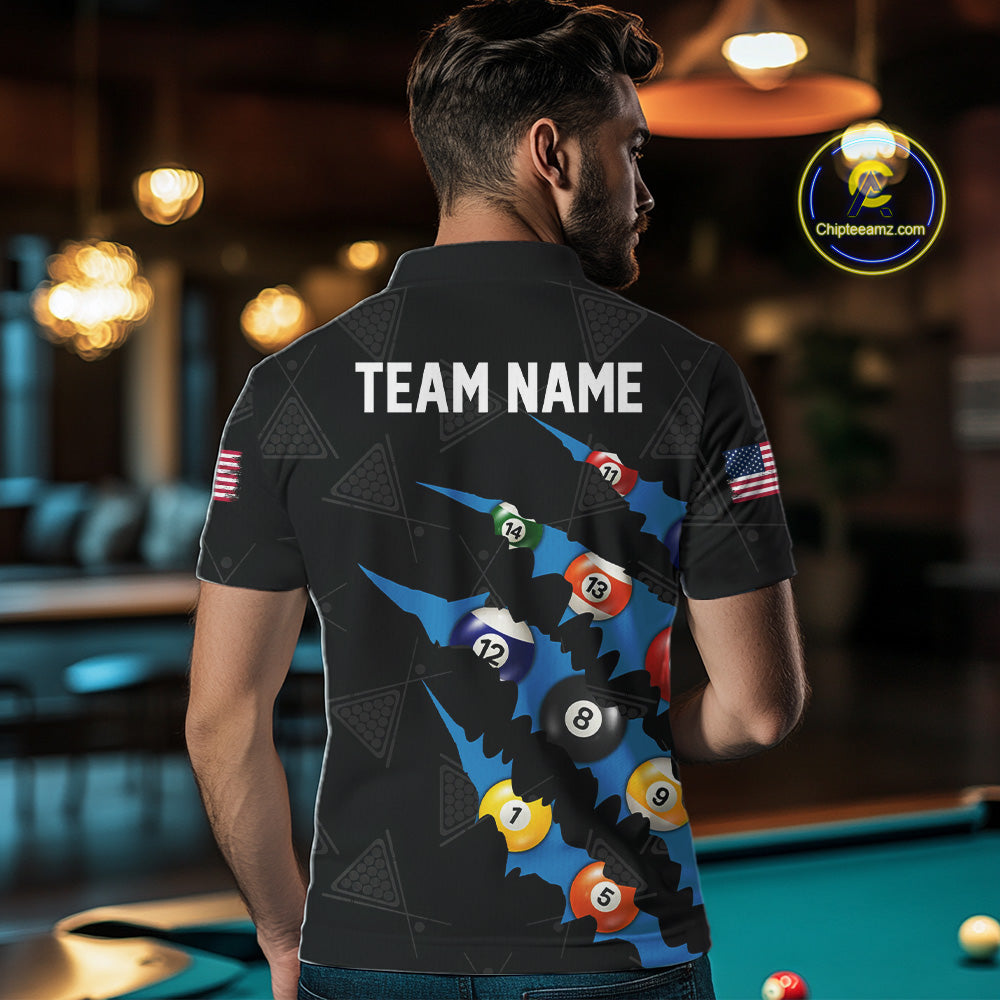Personalized Scratch Black 8 Ball Billiard Shirt For Men, Pool Team Jersey Polo 1/4 Zip |Blue TDM6071