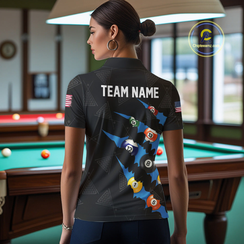 Personalized Scratch Black 8 Ball Billiard Shirt For Women, Pool Team Jersey Polo 1/4 Zip |Blue TDM6071