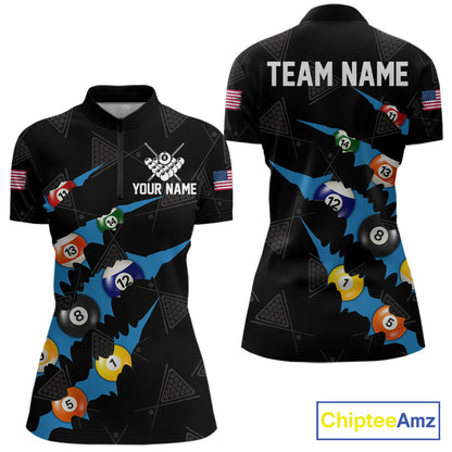 Personalized Scratch Black 8 Ball Billiard Shirt For Women, Pool Team Jersey Polo 1/4 Zip |Blue TDM6071