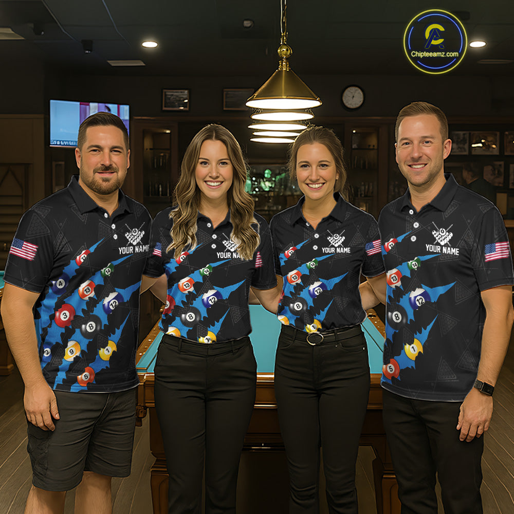 Personalized Scratch Black 8 Ball Billiard Shirt For Women, Pool Team Jersey Polo 1/4 Zip |Blue TDM6071